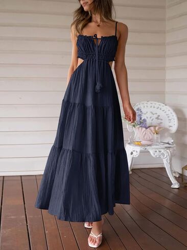 Fisoew Women's Spaghetti Strap Maxi Dress Summer Sleeveless Side Cut Out Dress Casual Boho Backless Flowy Long Dresses in Saudi Arabia