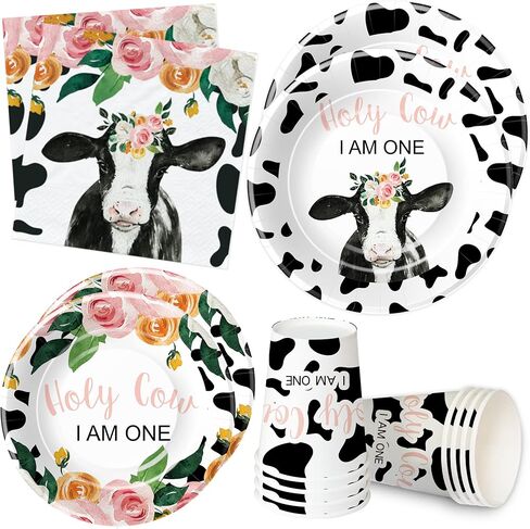 أدوات مائدة لزينة عيد الميلاد الأول للفتيات - تتضمن لوازم حفلات عيد الميلاد الأول بطباعة بقرة أطباق ورقية وأكواب ومناديل وأواني طعام لتزيين عيد ميلاد البقرة المقدسة | يخدم 24 in Kuwait