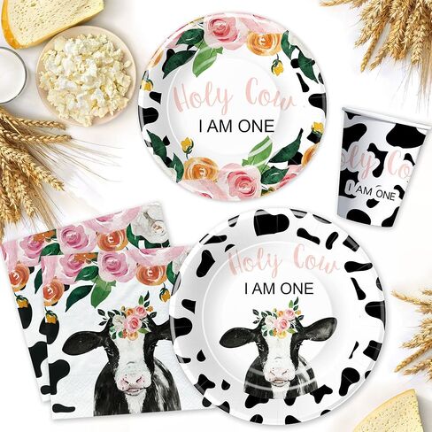 أدوات مائدة لزينة عيد الميلاد الأول للفتيات - تتضمن لوازم حفلات عيد الميلاد الأول بطباعة بقرة أطباق ورقية وأكواب ومناديل وأواني طعام لتزيين عيد ميلاد البقرة المقدسة | يخدم 24 in Kuwait