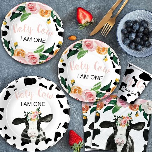 أدوات مائدة لزينة عيد الميلاد الأول للفتيات - تتضمن لوازم حفلات عيد الميلاد الأول بطباعة بقرة أطباق ورقية وأكواب ومناديل وأواني طعام لتزيين عيد ميلاد البقرة المقدسة | يخدم 24 in Kuwait