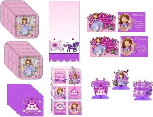 Sofia the First Princess Birthday Party Supplies Bundle Pack includes Lunch Plates, Lunch Napkins, Table Cover, Centerpiece, Invitations and Thank You Notes, Stickers (Bundle for 16) in Saudi Arabia