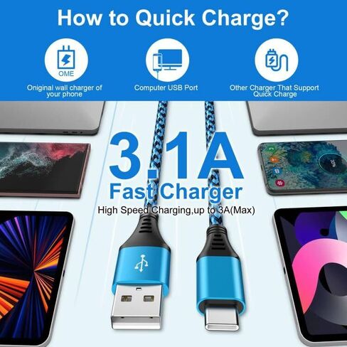 2 حزمة 6FT S24 Ultra Samsung Android شاحن سلك USB C لكتابة كابل شحن سريع 3.1A سلك طاقة للهاتف Samsung Galaxy A15 A55 A35 A54 A14 5G S24 S23 S22 S21 FE، iPhone 15 Pro Max 15 Plus 15 in Kuwait