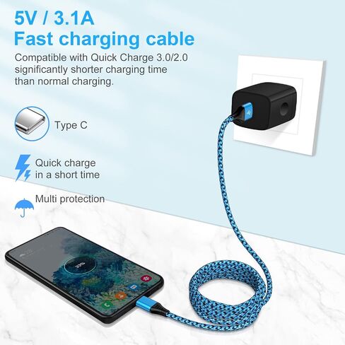 2 حزمة 6FT S24 Ultra Samsung Android شاحن سلك USB C لكتابة كابل شحن سريع 3.1A سلك طاقة للهاتف Samsung Galaxy A15 A55 A35 A54 A14 5G S24 S23 S22 S21 FE، iPhone 15 Pro Max 15 Plus 15 in Kuwait