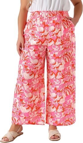 Agnes Orinda Plus Size Palazzo Pants for Women Floral Print High Waist Trousers Wide Leg Pants with Pocket in Saudi Arabia