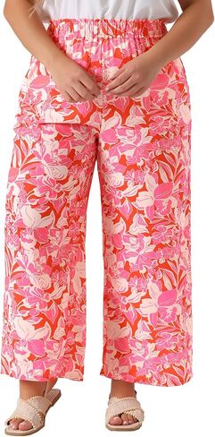 Agnes Orinda Plus Size Palazzo Pants for Women Floral Print High Waist Trousers Wide Leg Pants with Pocket in Saudi Arabia