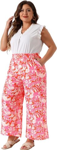 Agnes Orinda Plus Size Palazzo Pants for Women Floral Print High Waist Trousers Wide Leg Pants with Pocket in Saudi Arabia