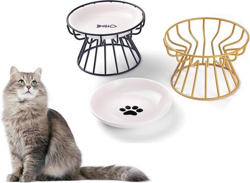 طقم أوعية مرتفعة للقطط مكونة من قطعتين من أوعية طعام القطط المرتفعة من السيراميك الضحلة، طبق للقطط مضاد للقيء مع حامل معدني للحيوانات الأليفة أو محطة تغذية الطعام للقطط والجراء والكلاب (أسود، ذهبي) in Kuwait