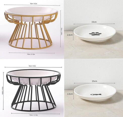 طقم أوعية مرتفعة للقطط مكونة من قطعتين من أوعية طعام القطط المرتفعة من السيراميك الضحلة، طبق للقطط مضاد للقيء مع حامل معدني للحيوانات الأليفة أو محطة تغذية الطعام للقطط والجراء والكلاب (أسود، ذهبي) in Kuwait