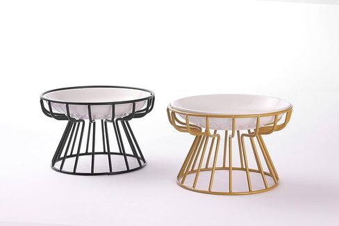 طقم أوعية مرتفعة للقطط مكونة من قطعتين من أوعية طعام القطط المرتفعة من السيراميك الضحلة، طبق للقطط مضاد للقيء مع حامل معدني للحيوانات الأليفة أو محطة تغذية الطعام للقطط والجراء والكلاب (أسود، ذهبي) in Kuwait