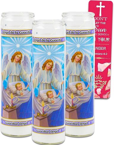 مجموعة من 3 شموع صلاة Guardian Angel - حزمة مع 3 شموع صلاة زجاجية Guardian Angel للعبادة، والوقفات الاحتجاجية، والصلاة، والبركة، والاحتفالات الدينية، بالإضافة إلى إشارة مرجعية | الشموع الدينية غير المعطرة in Kuwait