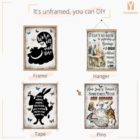 Alice in Wonderland Wall Art Decor Print - Mad Hatter White Rabbit Cheshire Cat - Alice Inspirational Saying Quote Poster - Affirmation Gift for Women Teen Girl - Motivational Wall Art for Alice Fans in Saudi Arabia