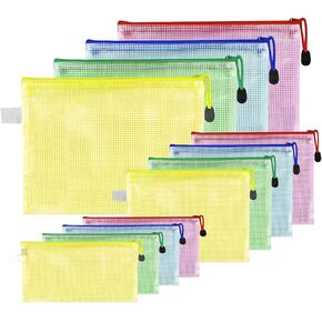 12 Pack Document Zipper Pouch Travel File Mesh Bags A4 A5 A6 Size School Office Supplies Colors Plastic Bag for Storage Waterproof Zip Folders Cosmetics Pouches Letter Pencil PVC Organizing for Home