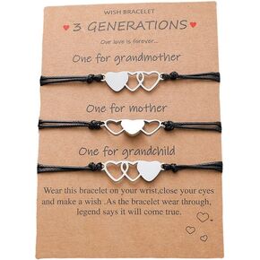 Mothers Day Birthday Gifts for Grandma Mom Daughter Matching Heart Bracelets for 3 Generations Bracelet Set for Mom and Daughter Grandmother Granddaughter Generation Gift