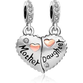 Mother Daughter Charm Compatible with Pandora Charm Bracelet Family Christmas Birthstone Dangle Gift Love Matching Heart Rose Gold