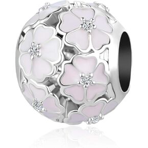 Women Pink Flower Charm Compatible with Pandora Charm Bracelets Floral Bead CZ Valentine Birthday Anniversary