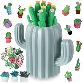68 Pcs Cactus Stationery Set Includes Cactus Pencil Holder 8 Cactus Shaped Gel Ink Pens 50 Waterproof Vinyl Cactus Stickers 9 Succulent Push Pins Office Supplies for School Cactus Lovers