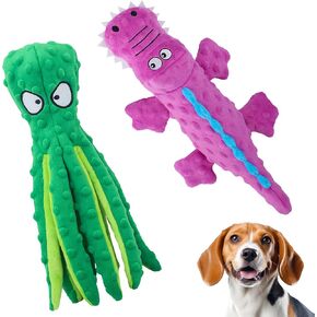 Dog Squeaky Toy Set - Octopus and Crocodile Design, 2-Pack, Durable Plush Toys for Large Dogs, Interactive Play, Sturdy, Soft, and Crinkly, Ideal for Small to Large Dogs (Green & Purple)