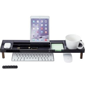 MyGift Modern Desktop Organizer Tray - Premium Translucent Dark Gray Acrylic and Solid Wood Over Keyboard Office Desk Flow Storage - Includes Cable Organizer
