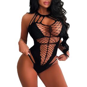 Women Lingerie Fishnet Bodysuit Sparkle Rhinestone Sexy Mesh Teddy Lingerie Cutout One Piece Lingeries