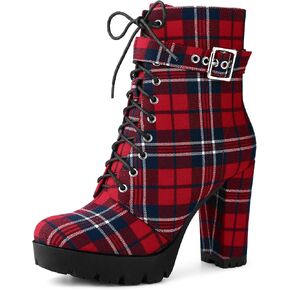 Perphy Platform Lace Up Chunky Heel Plaid Printed Ankle Combat Boots for Women