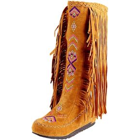 BORAMAX Women's Fringe Western Boots, Suede Embroidered Closure Fringe Mid Calf Knee High Flat Boots Long Snow Tassel Boots in Saudi Arabia