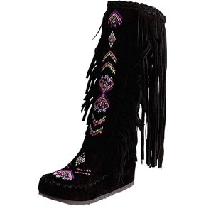 Women's Fringe Western Boots, Suede Embroidered Closure Fringe Mid Calf Knee High Flat Boots Long Snow Tassel Boots