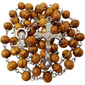 TALISMAN4U CATHOLIC ROSARY NECKLACE 8MM Wood Rosary Beads Jerusalem Cross Crucifix Virgin Mary Centerpiece with Certificate