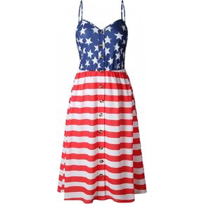 Anna-Kaci Women's Stars Stripes American Flag Spaghetti Strap Sleeveless Tunic Dress
