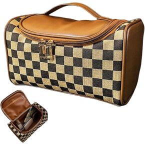 Large Capacity Checkboard Plaid Cosmetic Bag for Women Travel Makeup Organizer Waterproof Toiletry Bag (Brown)