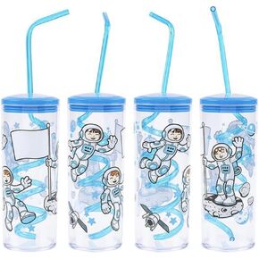 ArtCreativity Space Cups with Twisty Straws, Set of 4, Outer Space Party Favors and Space Party Decorations, Galaxy Party Supplies for Boys and Girls, 11 Ounce Plastic Cups with an Adorable Print