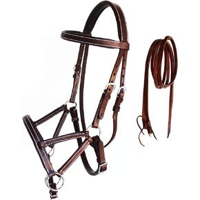 Horse Western Leather Tack Padded Bitless Sidepull Bridle Reins Brown 77RS02