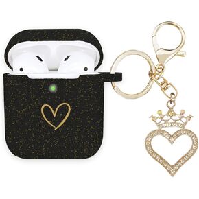 Compatible with AirPods Case Cover, Soft Silicone Case with Gold Heart Pattern for AirPods 2&1 Generation Case with Rhinestone Studded Love Heart Keychain (Black)