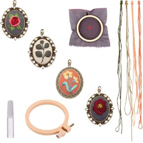 EXCEART 4 Set Embroidery Starter Kit Embroidery Necklace Pendant Small Embroidery Pendant with Floral Pattern for DIY Jewelry Making Sewing Craft