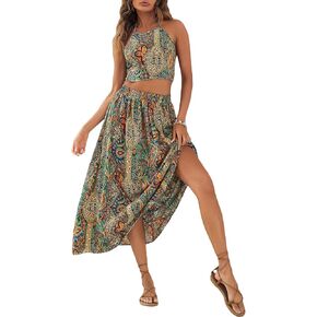 Floerns Women's Boho Paisley Print Halter Tied Backless Crop Top and Midi Skirt Set in Kuwait