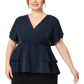 Agnes Orinda Plus Size Peplum Top for Women Work V Neck Ruffle Hem Buttons Front Blazers Top