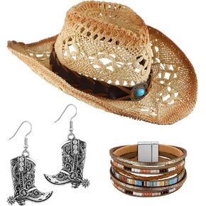 Inbagi 3 Pcs Women's Western Straw Cowboy Hat Set Western Jewelry for Women Bohemian Set Vintage Cowgirl Hat with Earring and Bracelet for Western Party Supplies