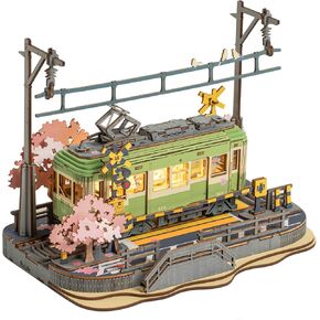 ROBOTIME 3D Puzzles for Adults DIY Model Building Toy with LED Light Wooden Craft Kits Diorama Tram Hobby for Kids Brain Teaser Gift (Sakura Journey)