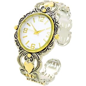 2Tone Metal Decorated Large Oval Face Women's Bangle Cuff Watch