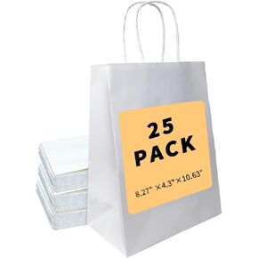 BAG BOX 100 Pack 8.25x4.3x10.6 Inch White Gift Bags with Handles,Bulk Kraft Paper Bags for Shopping, Retail, Merchandise, Wedding, Party Favors, Paper Grocery Sacks