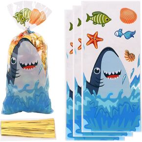 RS 50Pieces Shark Party Bags Shark Plastic Bags Shark Birthday Goodie Favor Bags Sea Candy Bags for Summer Ocean Sea Shark Party Supplies