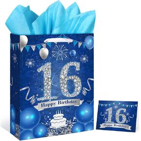 Navy Blue Silver 16th Birthday Gift Bag with Tissue Papers and Card - Blue Silver 16th Birthday Gift Wrapping Bag for Boys & Girls - 12.9''x9.8''x3.1''