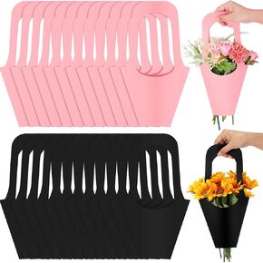 Sabary 24 Pcs Kraft Paper Flower Gift Bags Bouquet Bags with Handle Flowers Wrapping Gift Packaging Wrap Tote for Valentine‘s Day Florist Wedding Party Home Decoration (Pink)