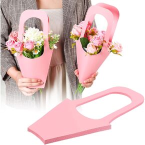Sabary 24 Pcs Kraft Paper Flower Gift Bags Bouquet Bags with Handle Flowers Wrapping Gift Packaging Wrap Tote for Valentine‘s Day Florist Wedding Party Home Decoration (Pink)