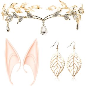 JeVenis Set of 3 Luxury Gold Elf Headpiece Elf Ears Elf Crown Tiara Fairy Headpieces Elf Head Jewelry Fairy