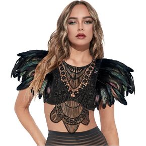 L'VOW Gothic Women Poncho Collar Natural Feather Short Cape Lace Epaulet Shoulder Shrug Wings Halloween Costume