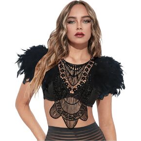 L'VOW Gothic Women Poncho Collar Natural Feather Short Cape Lace Epaulet Shoulder Shrug Wings Halloween Costume