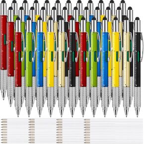 Zonon 36 Pcs 6 in 1 Multitool Tech Pen with Ruler Level Gauge Screwdriver Multifunction Touch Screen Ballpoint Pens and Black Ink Refills for Birthday Party Gift(Assorted Colors)
