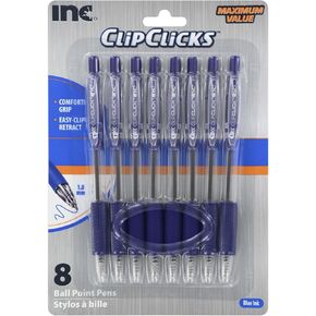 Clip Click Retractable Ball Point Pens, 1.0 mm Blue Ink, Set of 8