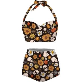 الزهور الرجعية 60s 70s 80s مجموعات بيكيني رائع مجردة الهبي المايوه هالوين الهيكل العظمي القوطي الجمجمة اثنين من Pieve الخامس الرقبة ملابس السباحة، Cottagecore خمر ديزي وزهرة عباد الشمس in Kuwait