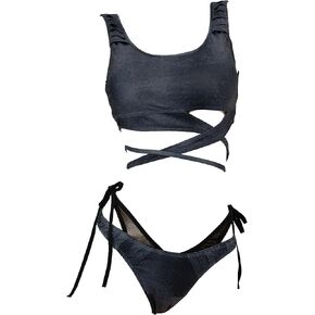 MEOWCOS Future Dystopian Wasteland Style Black Grey Swimsuit Straps Top and Triangle Bikini Bottoms with Arm Sleeves
